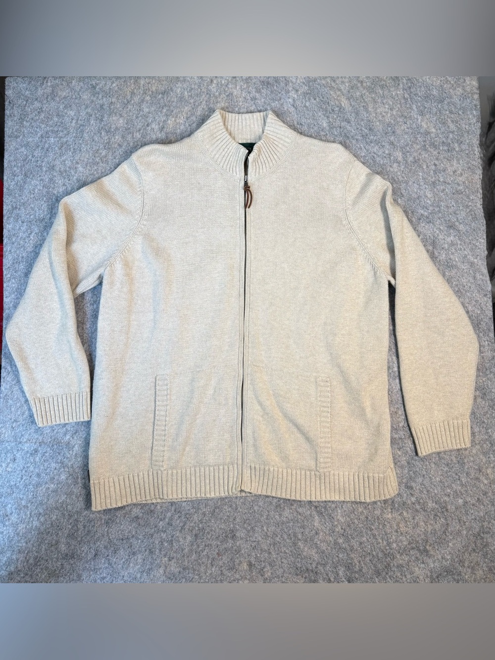 Lauren Ralph Lauren Cream Beige Full-Zip Knit Sweater 2X Fisherman Preppy Dad